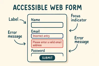 An illustration of an accessible web form with proper labels, error messages, and focus indicators, highlighting key accessibility principles.