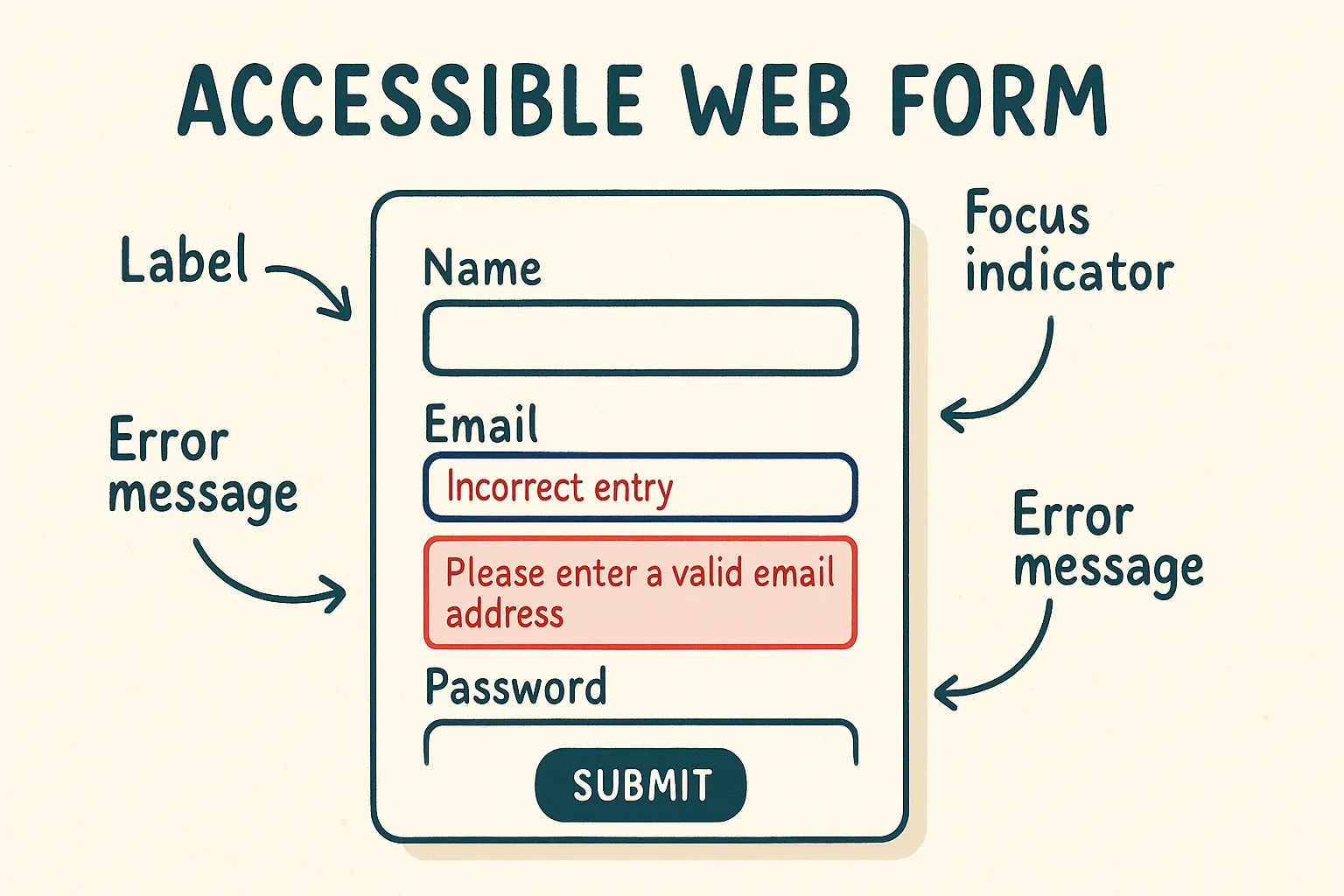 An illustration of an accessible web form with proper labels, error messages, and focus indicators, highlighting key accessibility principles.