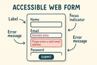 An illustration of an accessible web form with proper labels, error messages, and focus indicators, highlighting key accessibility principles.