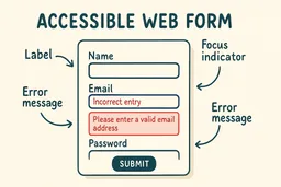 An illustration of an accessible web form with proper labels, error messages, and focus indicators, highlighting key accessibility principles.