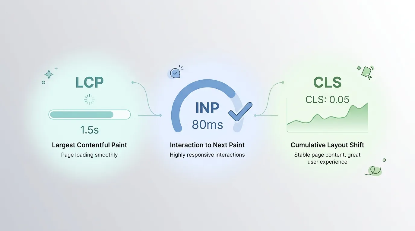 Core Web Vitals performance metrics showing LCP, INP, and CLS thresholds for 2026