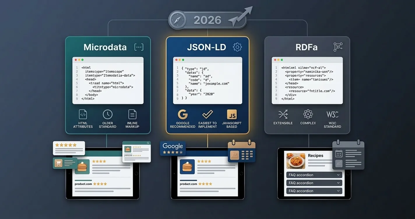 Side-by-side comparison of Microdata, JSON-LD, and RDFa structured data code examples