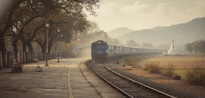 Contemplative train journey through rural Indian countryside representing Buddhist impermanence concept