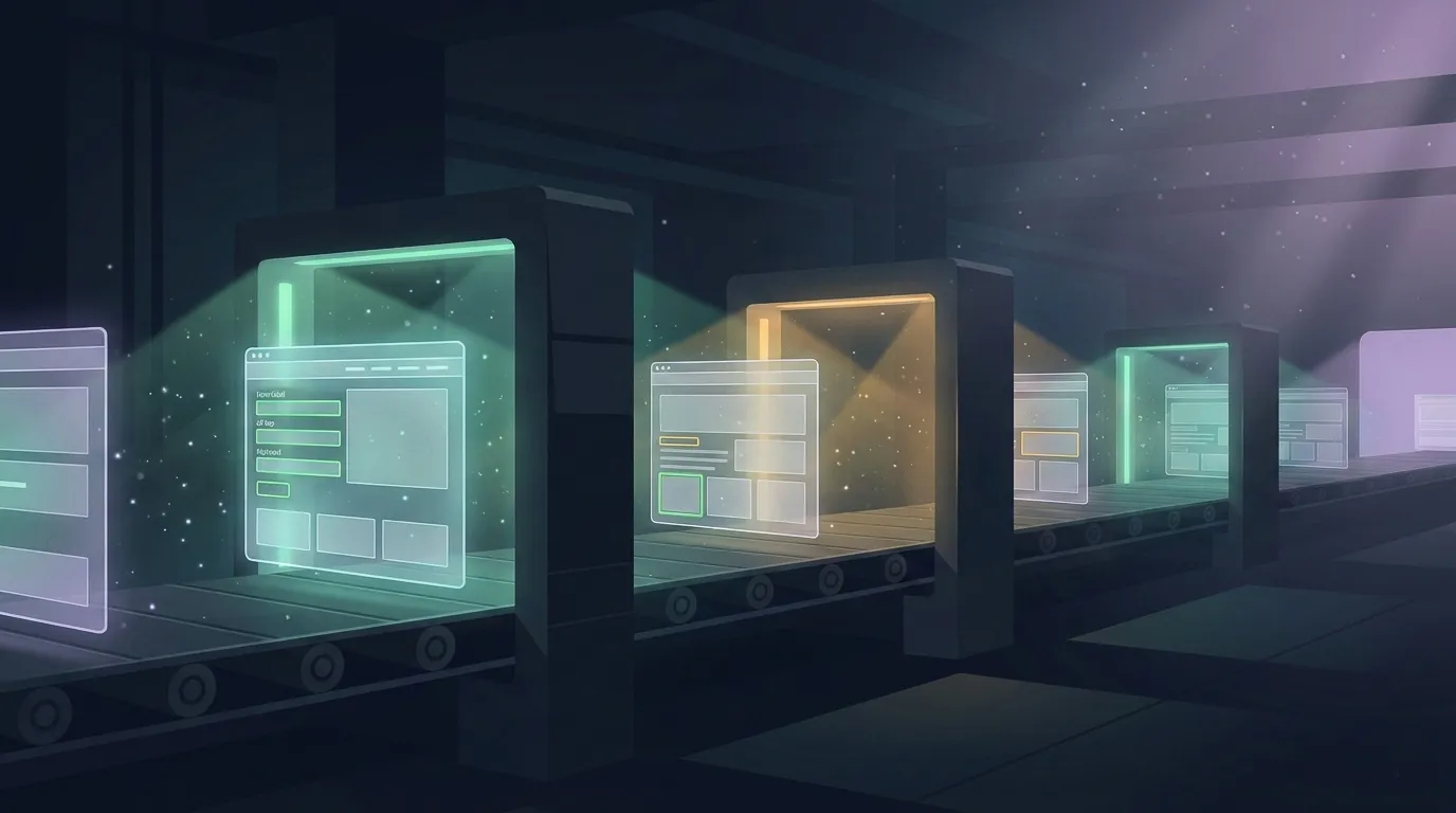 A futuristic assembly line where glowing web page mockups pass through scanning gates that highlight accessibility elements like form labels and contrast ratios, color-coded green or amber, in a sleek dark industrial space with teal and violet lighting