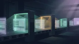 A futuristic assembly line where glowing web page mockups pass through scanning gates that highlight accessibility elements like form labels and contrast ratios, color-coded green or amber, in a sleek dark industrial space with teal and violet lighting