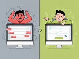Split image showing a frustrated user struggling with an inaccessible form versus a happy user easily completing an accessible form with proper labels and clear feedback