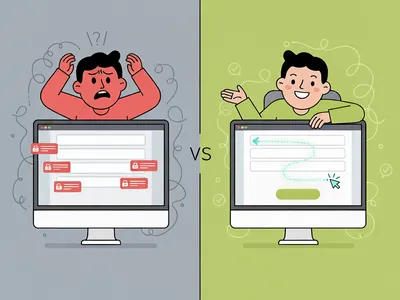 Split image showing a frustrated user struggling with an inaccessible form versus a happy user easily completing an accessible form with proper labels and clear feedback