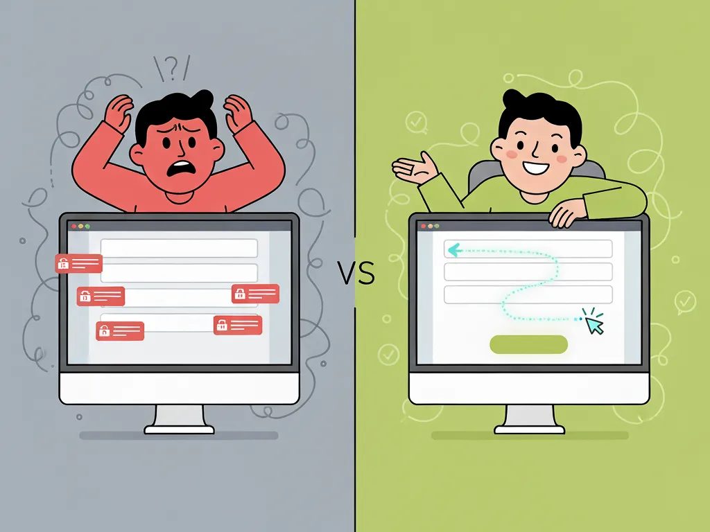 Split image showing a frustrated user struggling with an inaccessible form versus a happy user easily completing an accessible form with proper labels and clear feedback