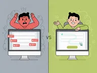 Split image showing a frustrated user struggling with an inaccessible form versus a happy user easily completing an accessible form with proper labels and clear feedback