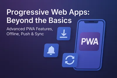 Advanced PWA features showing offline support, push notifications, and background sync capabilities