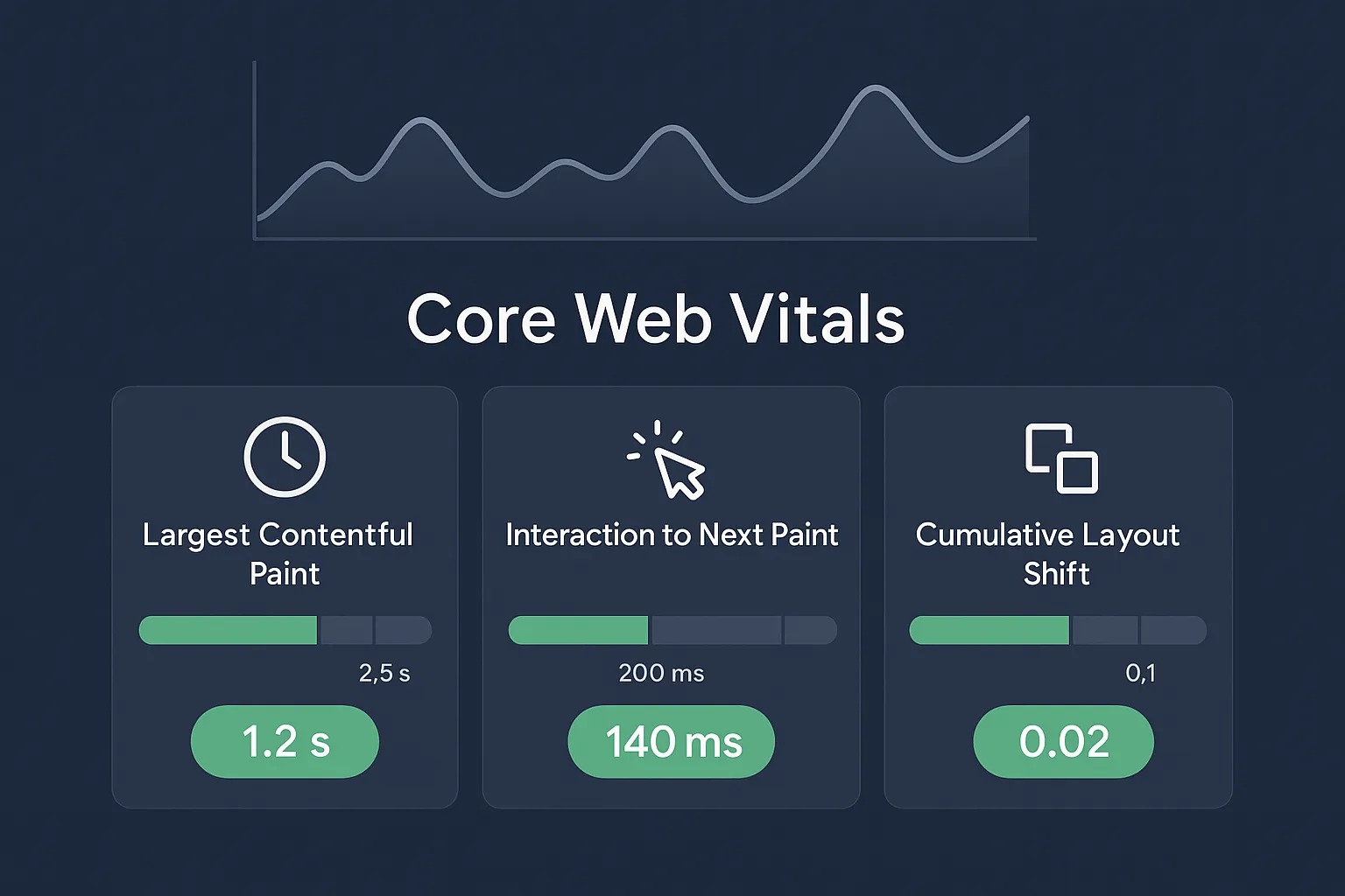 Core Web Vitals metrics dashboard showing performance optimization results