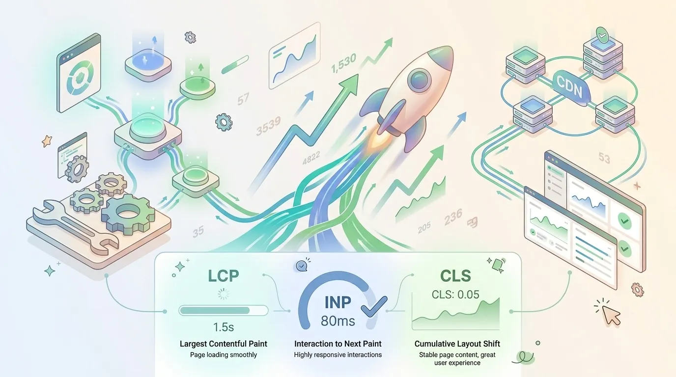 Core Web Vitals optimization strategies showing quick wins for LCP, INP, and CLS in 2026