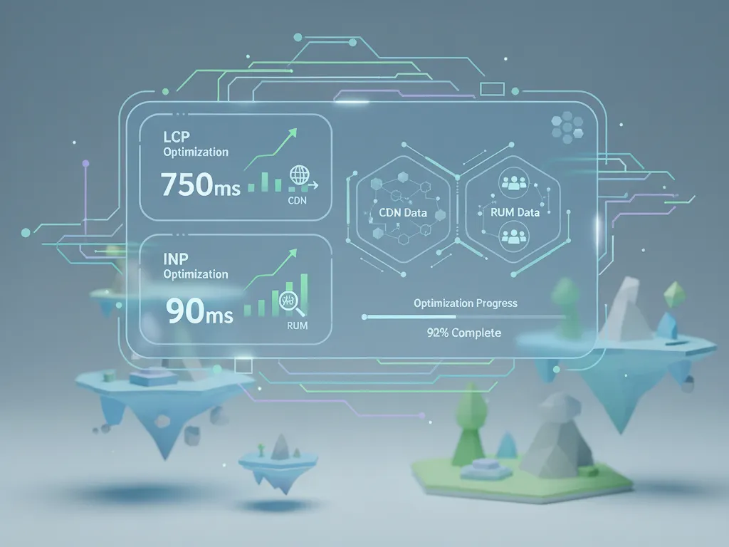 Performance monitoring dashboard showing LCP and INP metrics optimization with CDN and RUM data