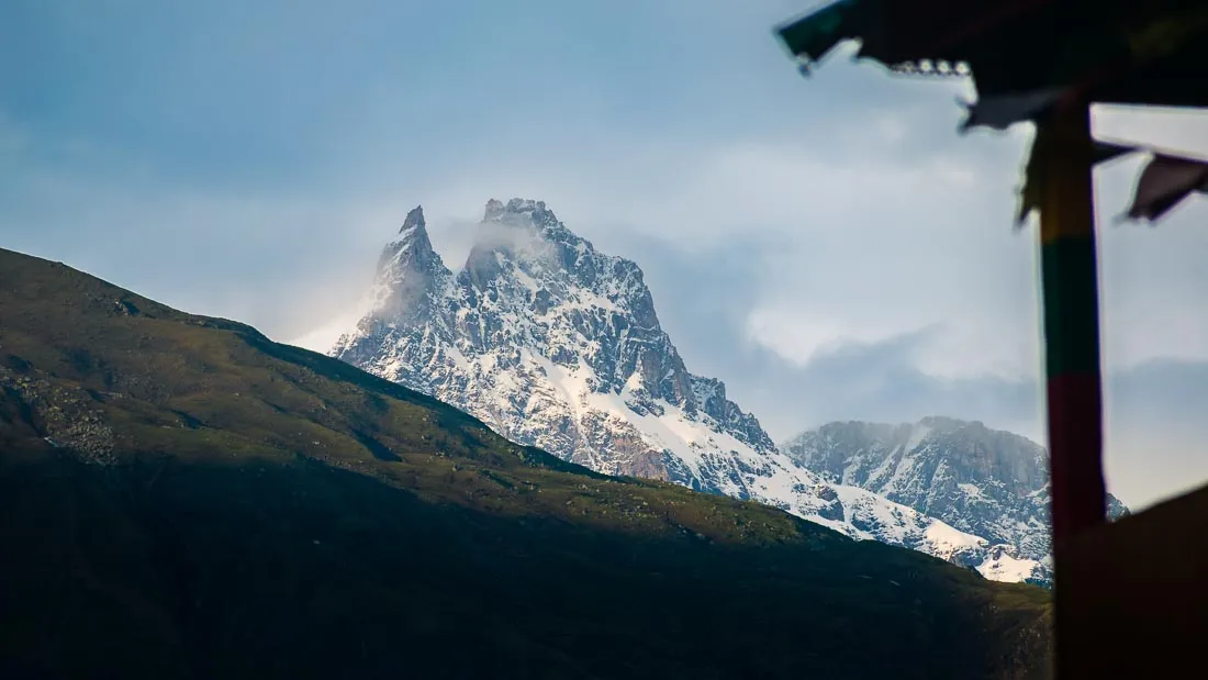 A photo of a snow-capped peak in the Himalayas as seen from Waichin.