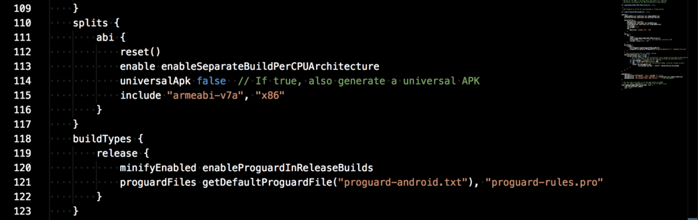 The build.gradle file contains a lot of configurations including the ones we are using here for optimization